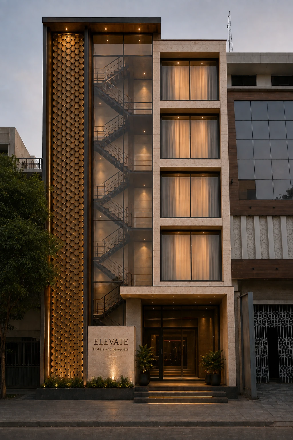 Facade iteration with bronze coin matrix alongside a transparent stair core
