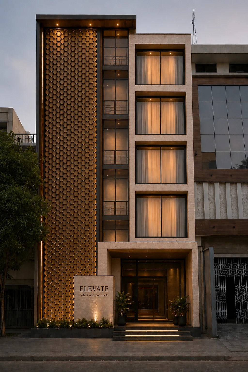 Facade iteration with denser bronze coin matrix and framed glazed stair bay