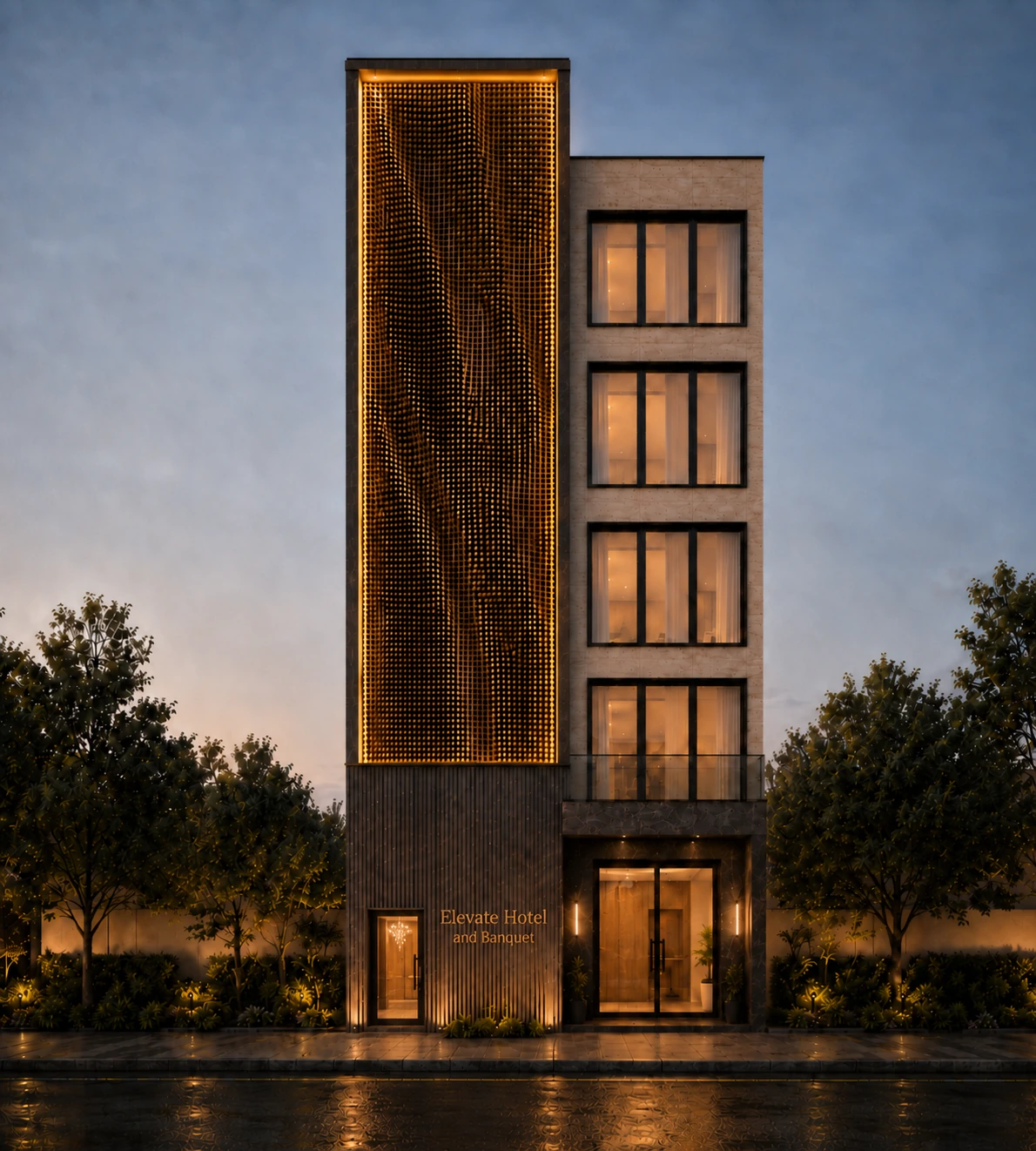 Facade iteration with a full-height illuminated bronze screen