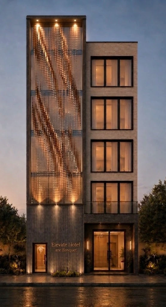 Facade iteration with fluid perforated bronze screen