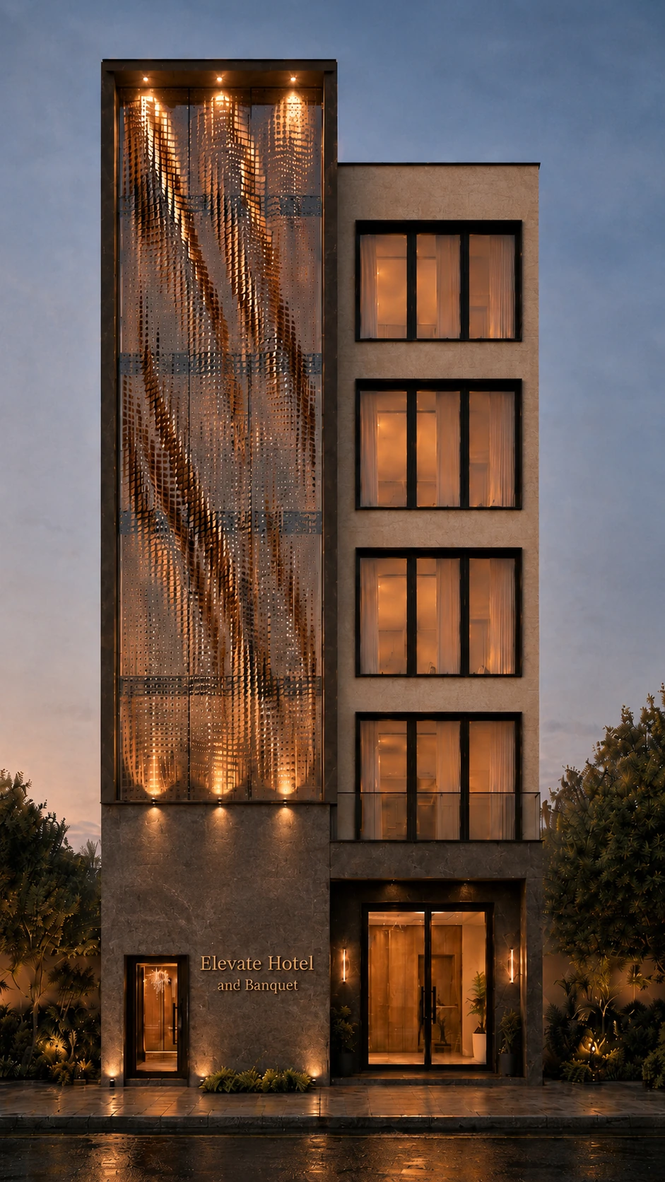 Facade iteration with illuminated perforated screen and dark base