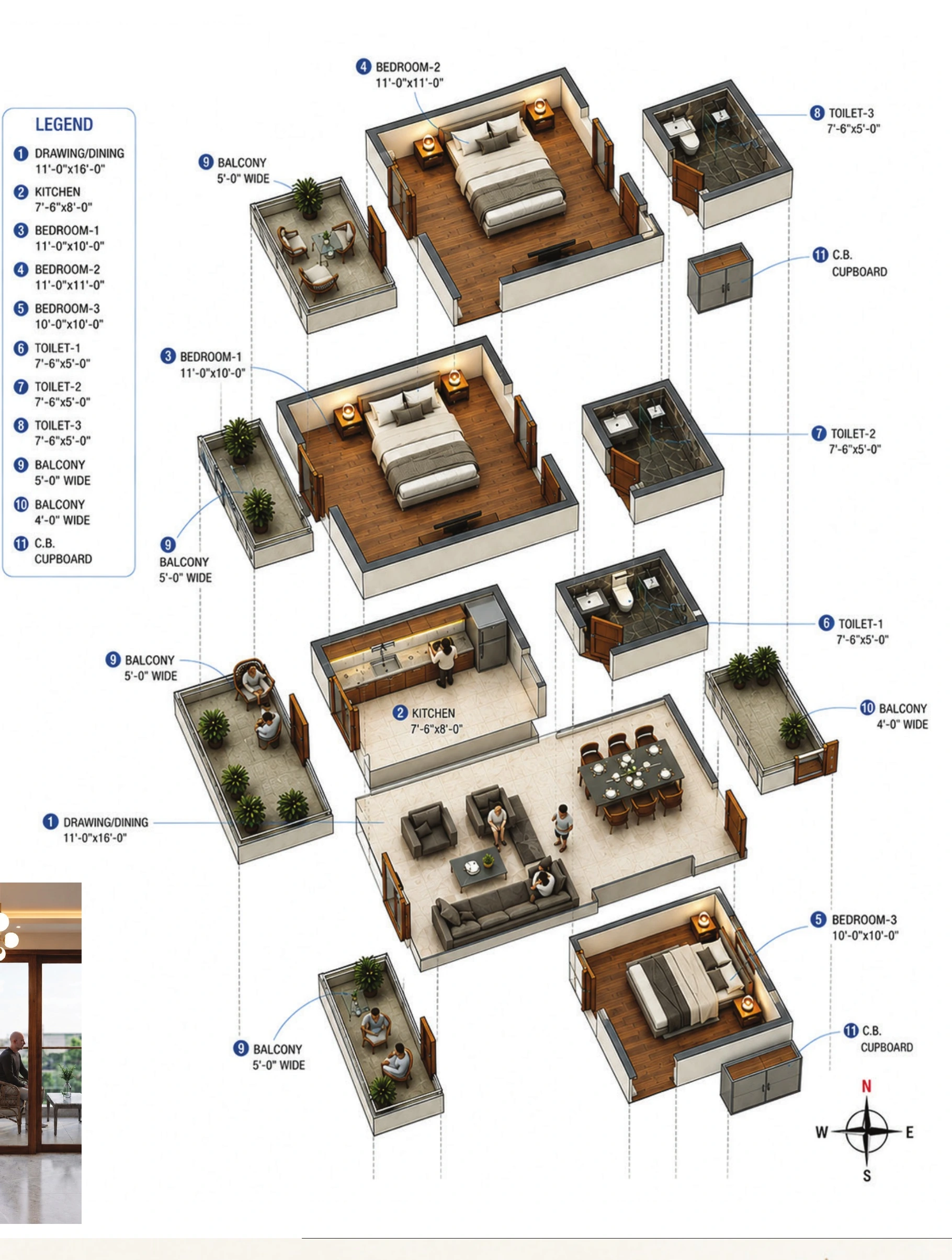 Exploded axonometric diagram of the apartment