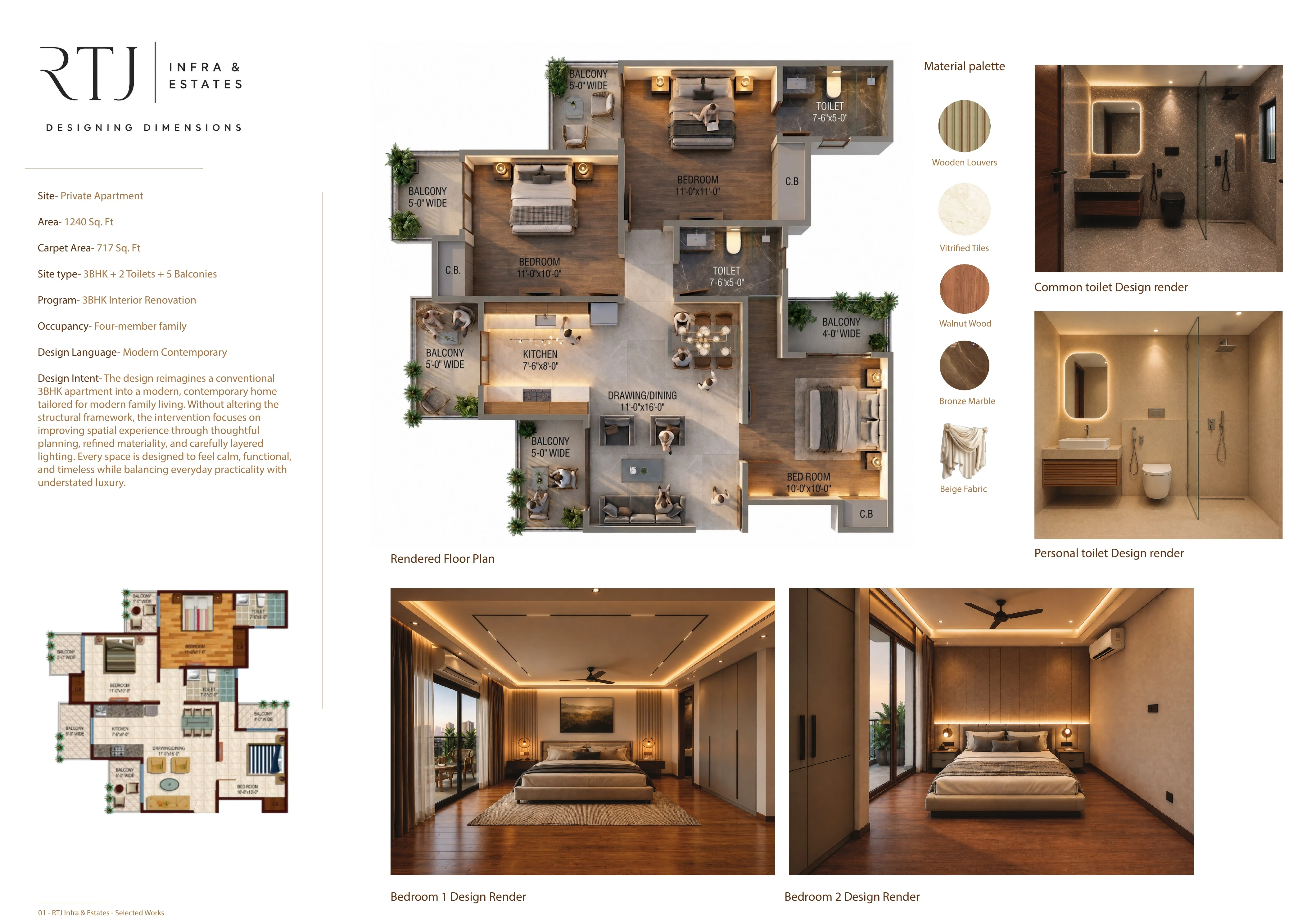 Project board showing rendered plan, bathrooms, palette and bedrooms