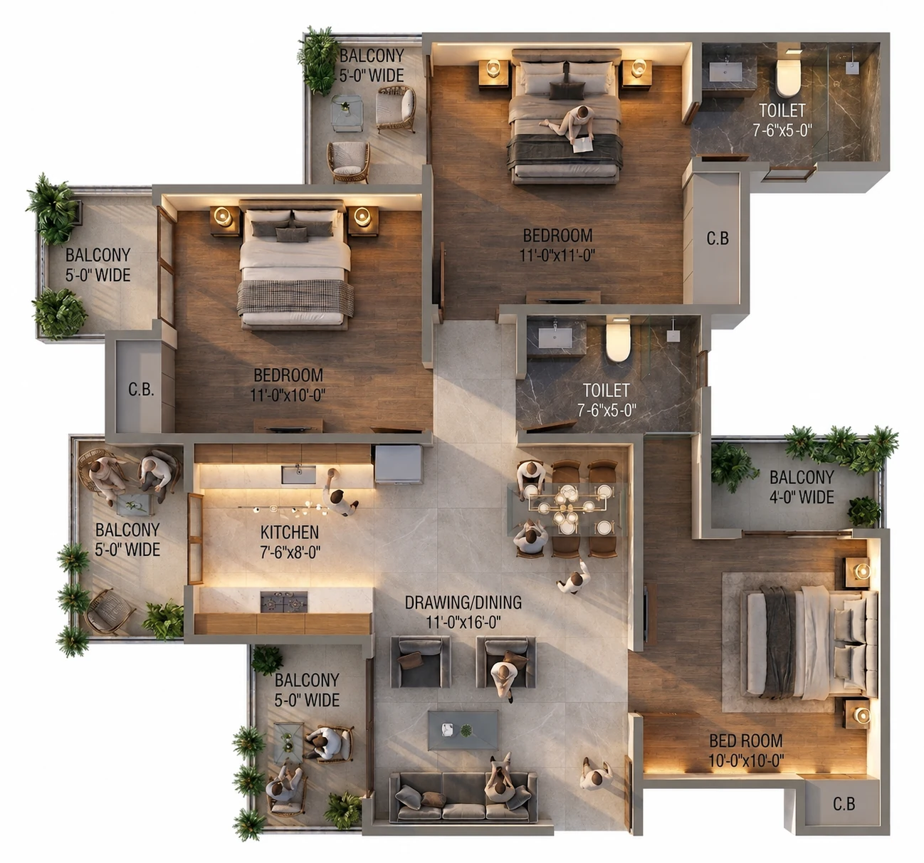 Rendered floor plan for the Five-Balcony Apartment