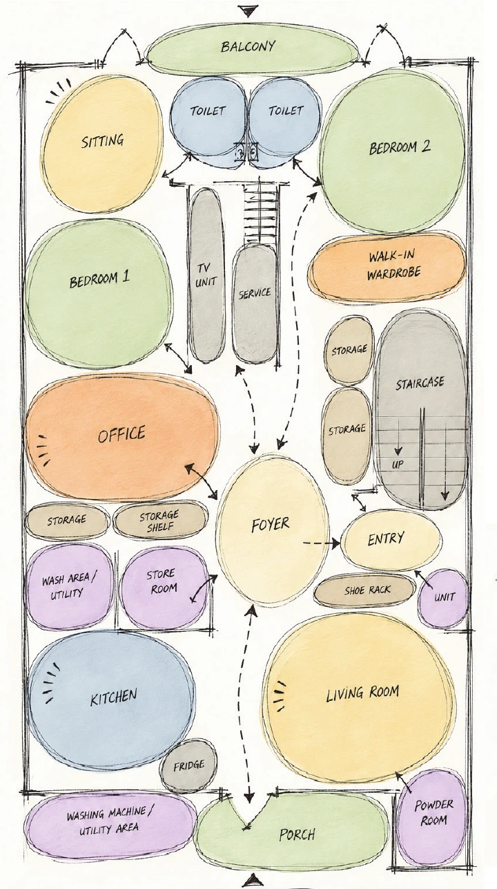 Upper ground floor circulation and zoning diagram