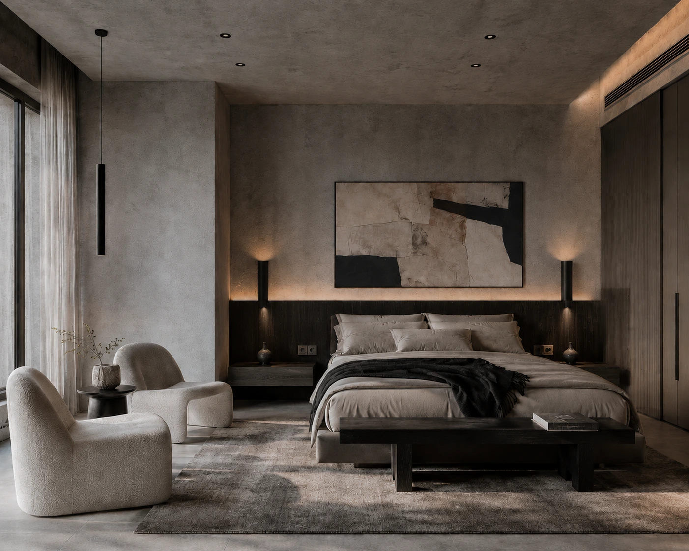 Primary bedroom with warm brutalist material language