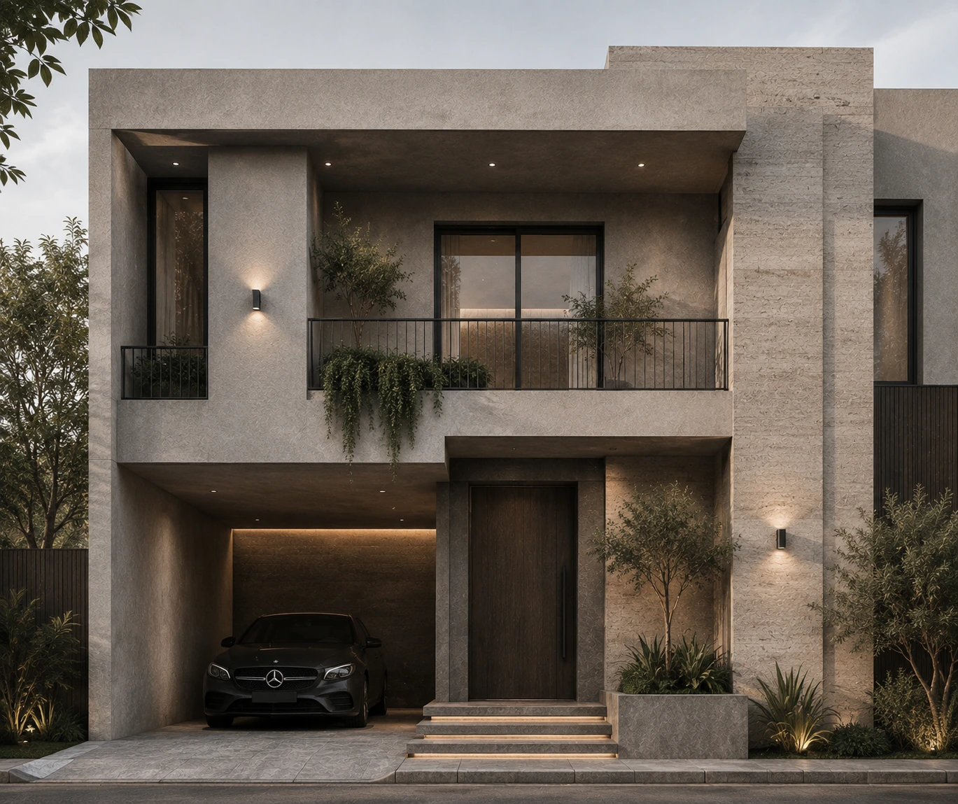Residential facade study in warm stone and dark metal