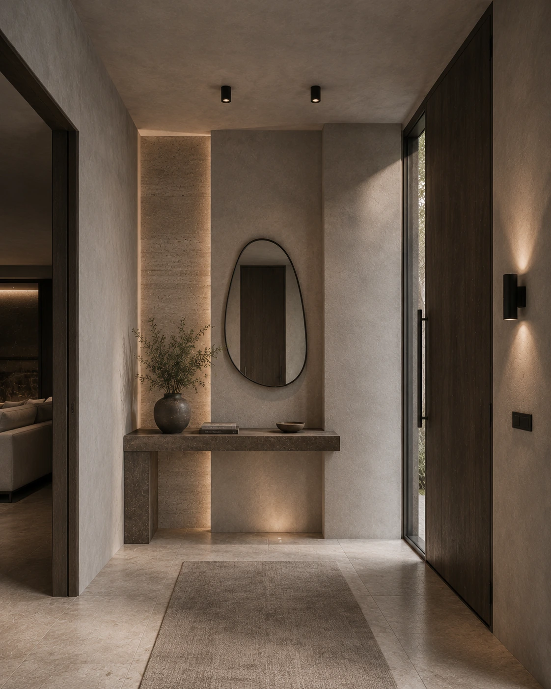 Foyer with stone console, oval mirror and dark timber entry door