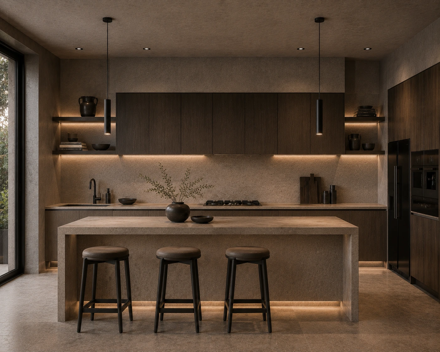 Kitchen render with travertine island and dark oak cabinetry