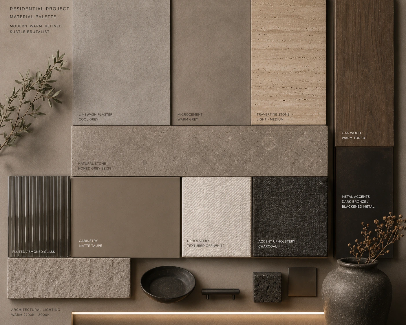 Material palette for the Quiet Brutalism residential project