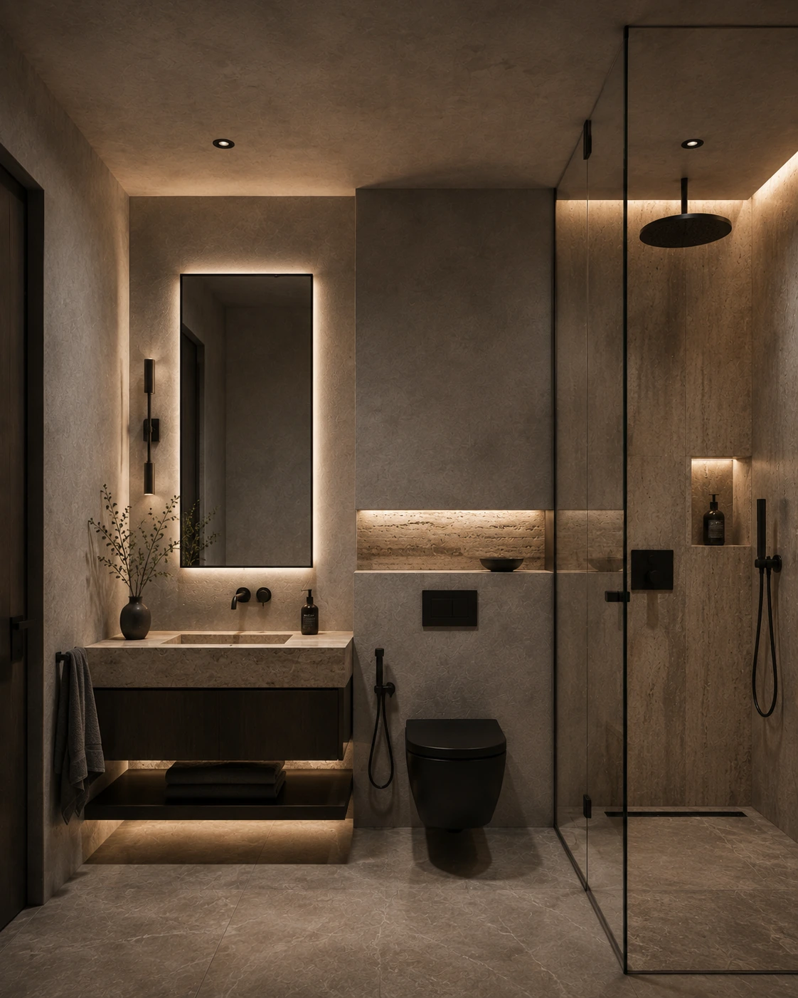 Bathroom with travertine, dark metal fixtures and concealed lighting